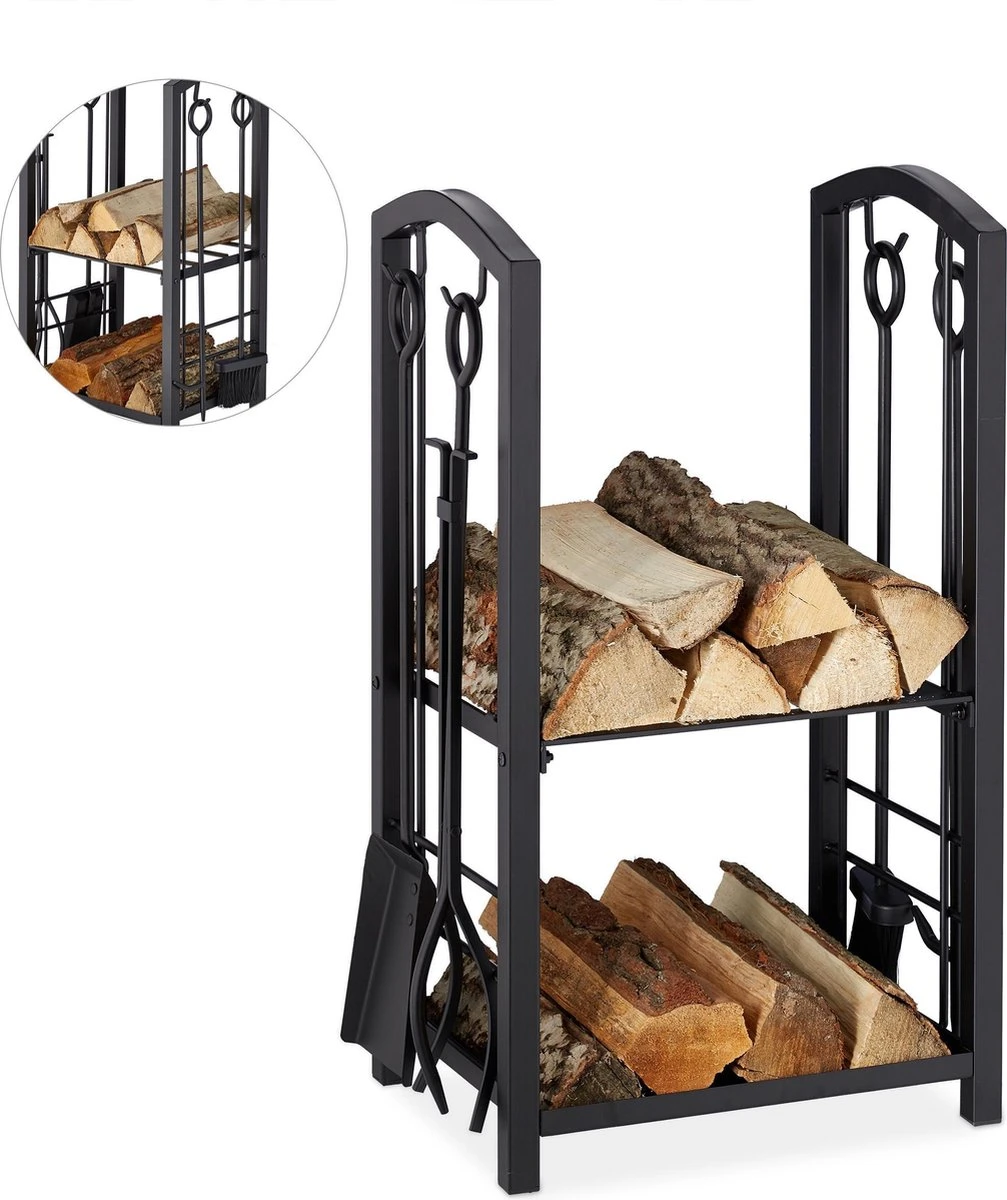 Relaxdays Brandhoutrek Met Haardstel - Vierdelig - Houtopslag - Zwart - Haardhout Opslag