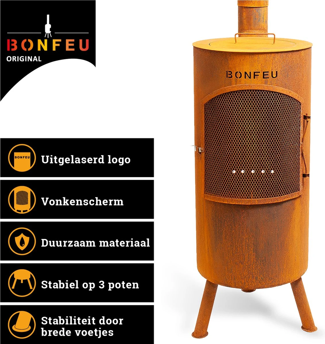 BonFeu Bongiano LP Roest Tuinhaard - L 30 X B 30 X H 153 Cm - Cortenstaal - Bruin - Tuinhaard - Terrasverwarming - Terrasverwarmers - Tuinkachel - Terraskachel - Houtkachel - Kachels - Afbeelding 3