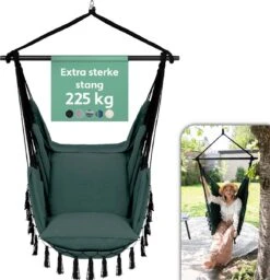 Vita5 XXL Hangstoel | Binnen&Buiten Hangnest | Incl. 2 Kussens En Boekenvak | Volwassenen&Kinderen | Hangmatstoel Tot 225kg | Donkergroen