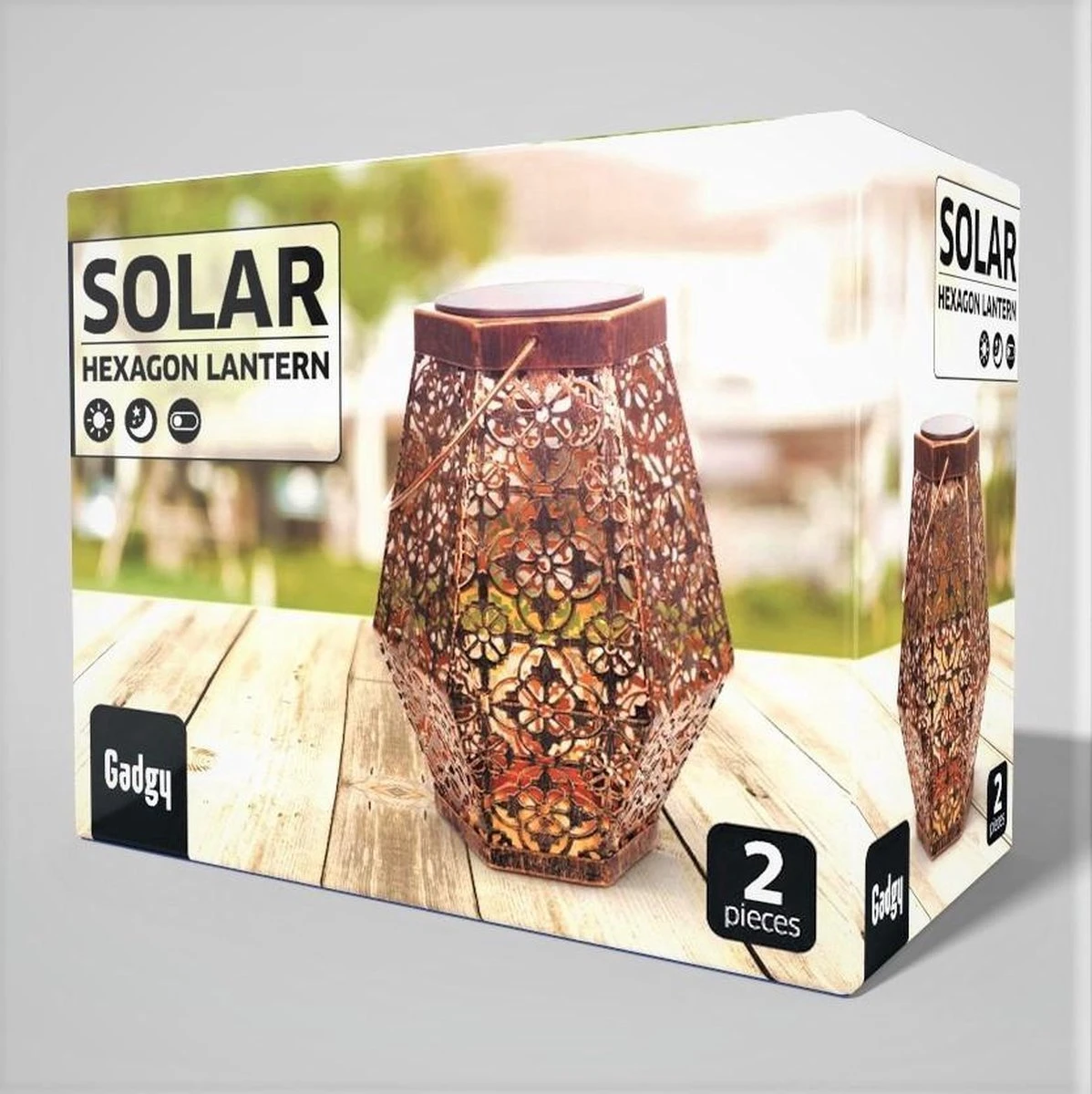 Gadgy Solar Lantaarn Hexagon - Tafellamp Set Van 2 - Tuinlantaarn In Koper Kleur - Solar Tuinverlichting Op Zonneenergie - Led Buitenverlichting Met Dag/nacht Sensor - Hanglamp - 20 X Ø 15 Cm - Metaal - Afbeelding 8