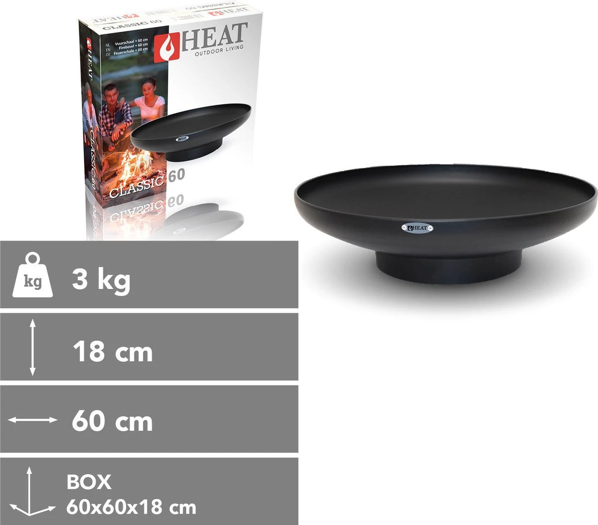 HEAT Outdoor Living - Vuurschaal Classic Ø 60 Cm Zwart - Staal - Vuurkorf - Vuurschaal BBQ - Vuurschaal Voor Buiten - Terraskachel - Tuinkachel Terrashaard - Vuurkorf Voor Buiten - Vuurkorf BBQ - Vuurton - Terraskachel - 60x60x16 Cm - Afbeelding 2