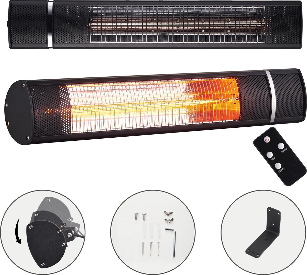 AREBOS Infrarood Heater - 2000W - 3 Warmteniveaus - Terrasverwarmer Elektrisch - Binnen En Buiten Gebruik - Zwart - Afbeelding 8