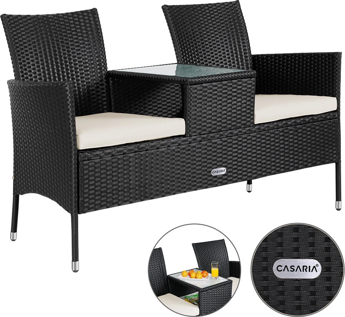 Casaria Polyrattan Tuinbank - Incl. Kussen - 143x55x88 Cm Zwart - Afbeelding 7