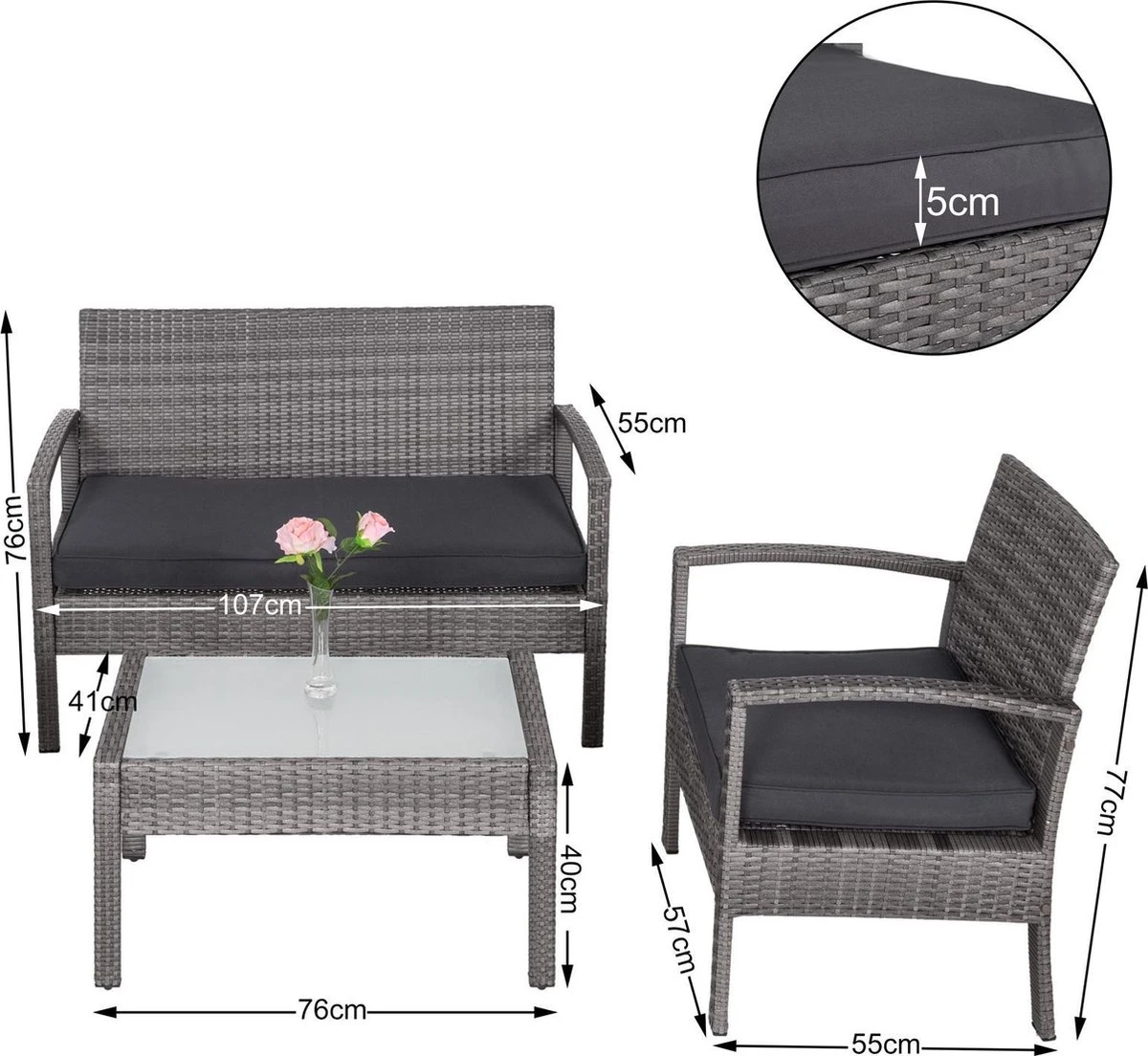 Casaria Polyrattan Loungeset – 2 Stoelen 1 Bank 1 Tafel - Antraciet - Afbeelding 8