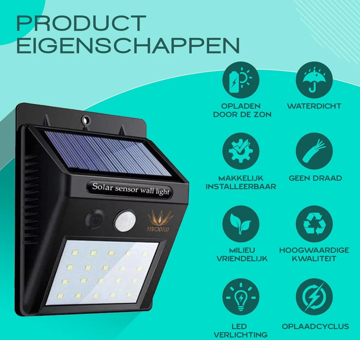 Ferodelli® Solar Buitenlamp Met Bewegingssensor - 40 LEDs - Tuinverlichting Op Zonne Energie - 4 Stuks - Afbeelding 3