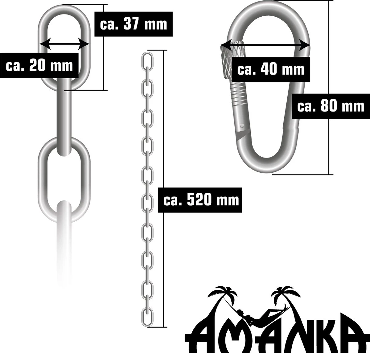 2x 50cm Hangende Stoelketting Tot 230kg - 4 Karabiners - Schommel Hangmat Bokszak Ophanging - Afbeelding 5