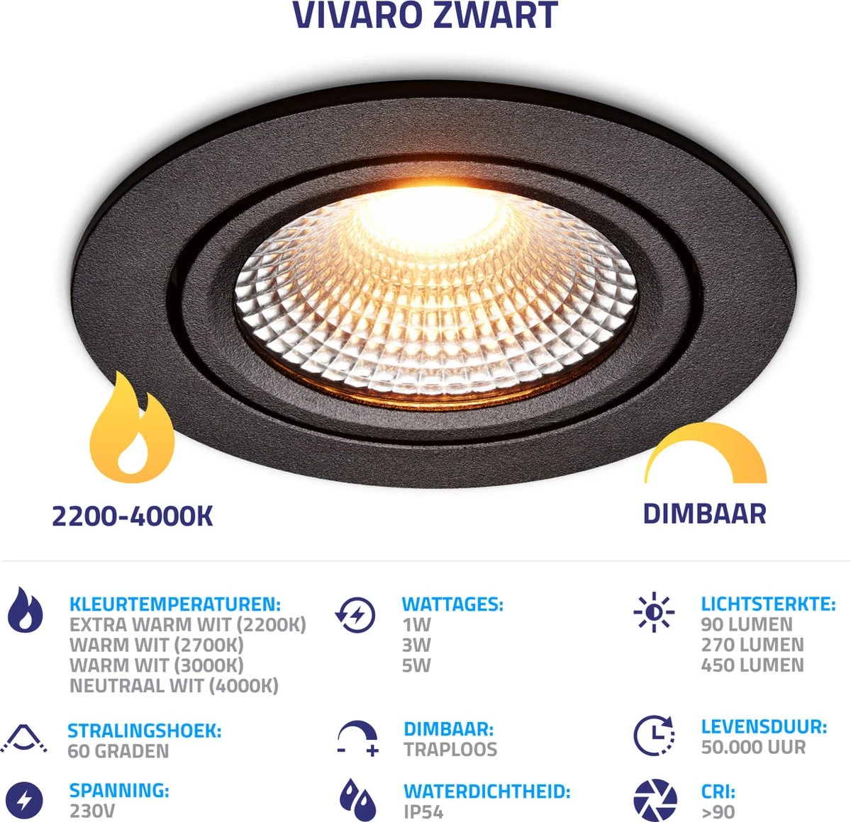 Ledisons LED Inbouwspots Zwart Met Driver - Dimbaar Kantelbaar IP54 3W 2700K Warm Wit Licht 240V 60 Stralingshoek >90 CRI Traploos Dimmen - Vivaro Zwart - Slechts 23MM Inbouwdiepte! 5 Jaar Garantie Energieverbruik: A++ - Afbeelding 9