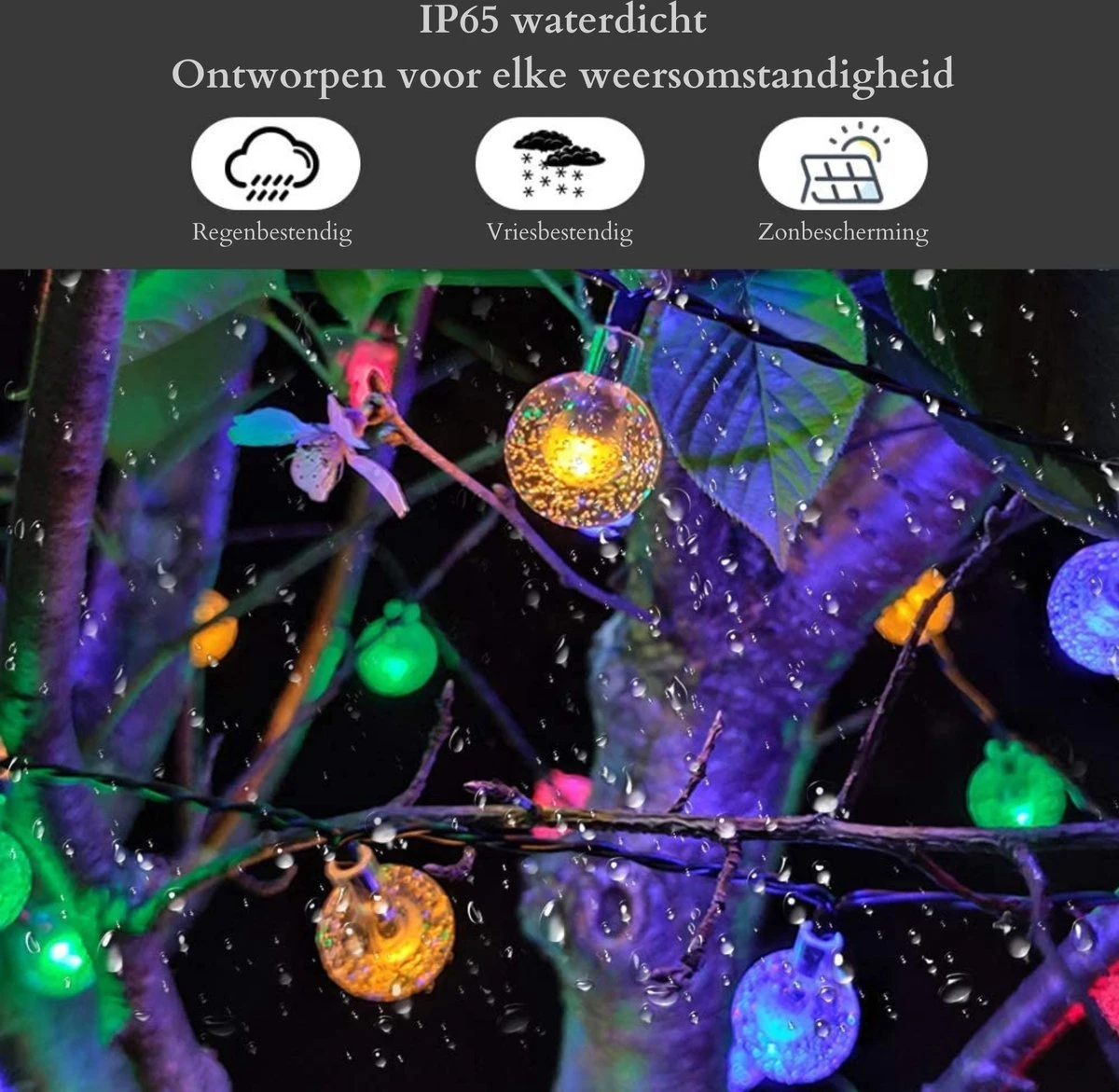 Homèlle Solar Lichtsnoer - 50 LED - 5 + 2 Meter - Multi-color - ø2cm - Tuinverlichting Op Zonne-energie - Kerstverlichting - Buitenverlichting - Lichtslinger - Lampjes Slinger - Cristal - Afbeelding 4