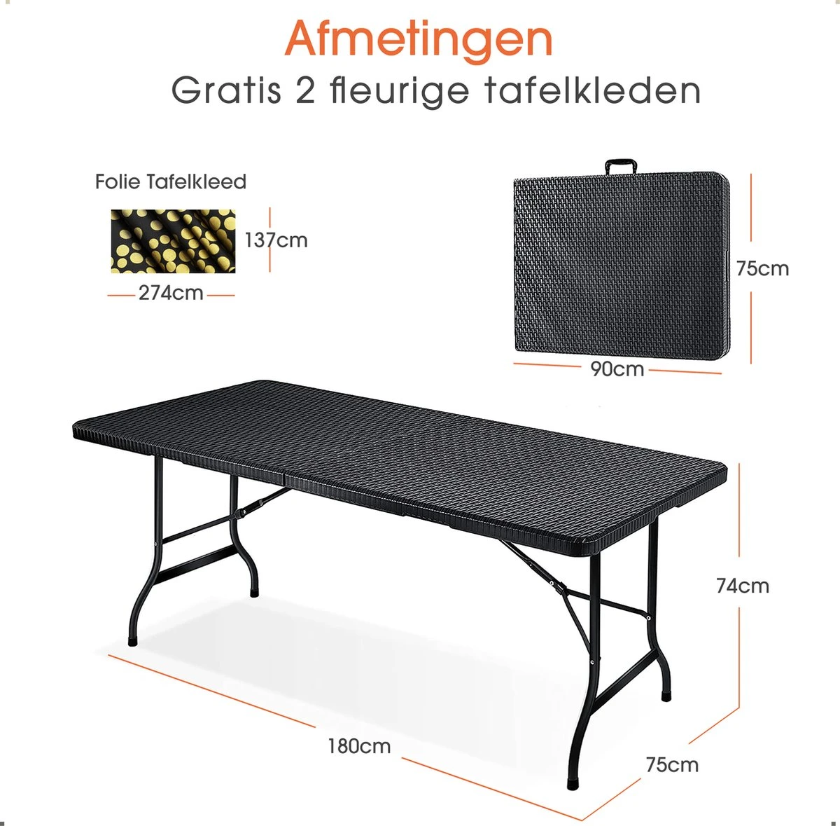 Lenx Klaptafel - Inklapbare Tafel - Opvouwbare Tuintafel - Vouwtafel - Inclusief Handvat En 2 Tafelkleden - 180x75x74cm - 6 Tot 8 Personen - Afbeelding 5