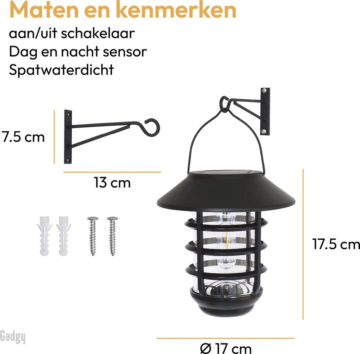 Gadgy Solar Tafellamp En Wandlamp Bijenkorf - Lantaarn Met Wandhaak - Tuinverlichting Op Zonneenergie Buiten - Led Buitenverlichting Met Sensor - Zwart Metaal - Afbeelding 7