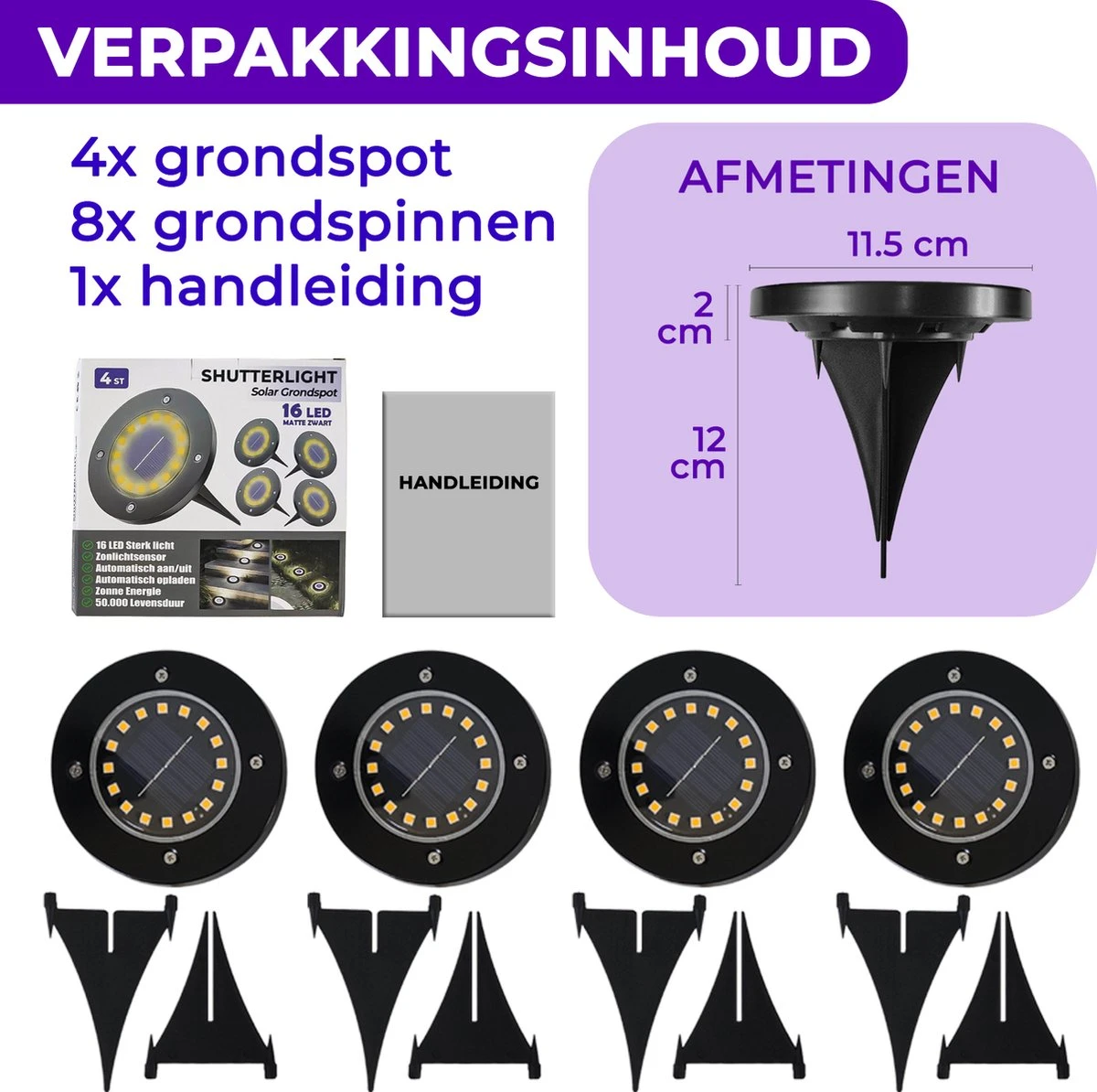 Shutterlight® 16 LED Solar Grondspot - Tuinverlichting - Zonlichtsensor - Zonne-energie - Matte Zwart - Warm Wit Licht - 4 Stuks - Buiten - Afbeelding 7
