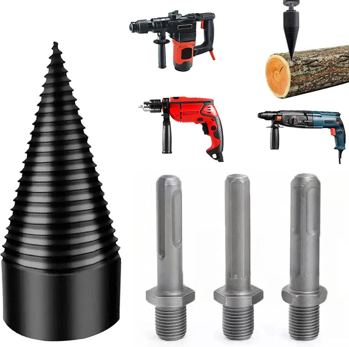 Merkloos DBD Products| Houtklover Inclusief Opbergkoker | Houtsplijter | Houtkloof | Houtsplitter | Houtkloofboor | Kegelsplijter | Houtkliever | Aanmaakhout | Geschikt Voor Accutol, Schroeftol, Boormachine En Kloofmachines