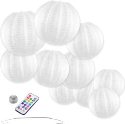 Merkloos Nylon Lampionnen - Wit - 10 Stuks - Incl. Led Met Afstandbediening - Incl. Handige Ophanghaakjes