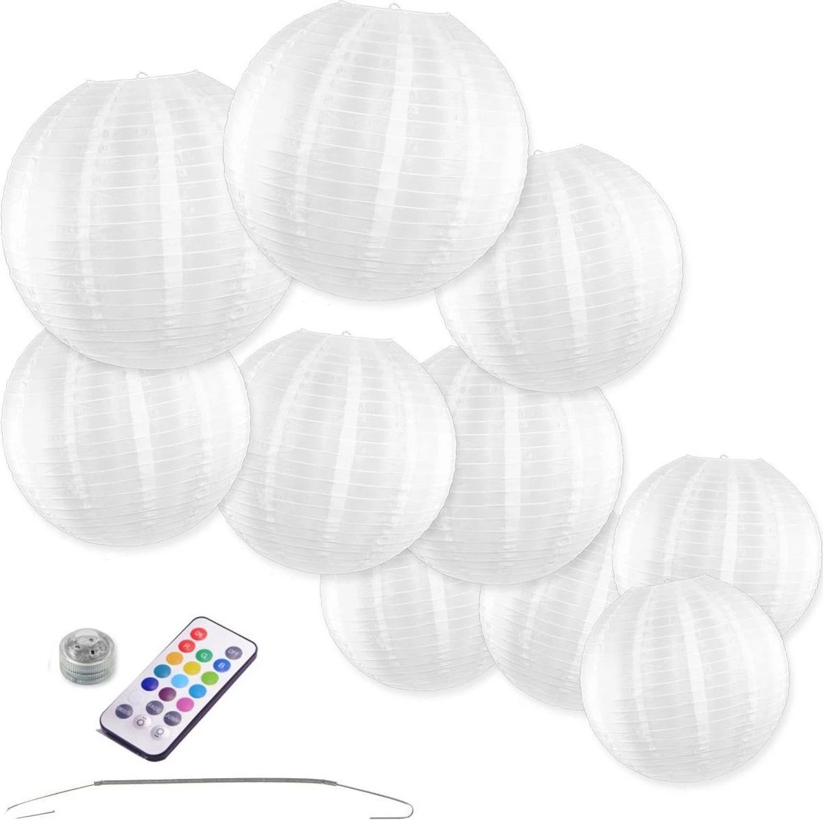 Merkloos Nylon Lampionnen - Wit - 10 Stuks - Incl. Led Met Afstandbediening - Incl. Handige Ophanghaakjes