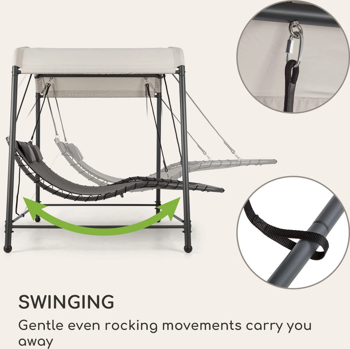 Blumfeldt Palermo Schommelbank - Hollywoodschommel 130 X 207 Cm - Ligbed Met Dak - Schommelstoel Voor 2 Personen - Tuinbank Inclusief Nekkussens - Stalen Frame En Polyester Dak - Grijs - Afbeelding 4