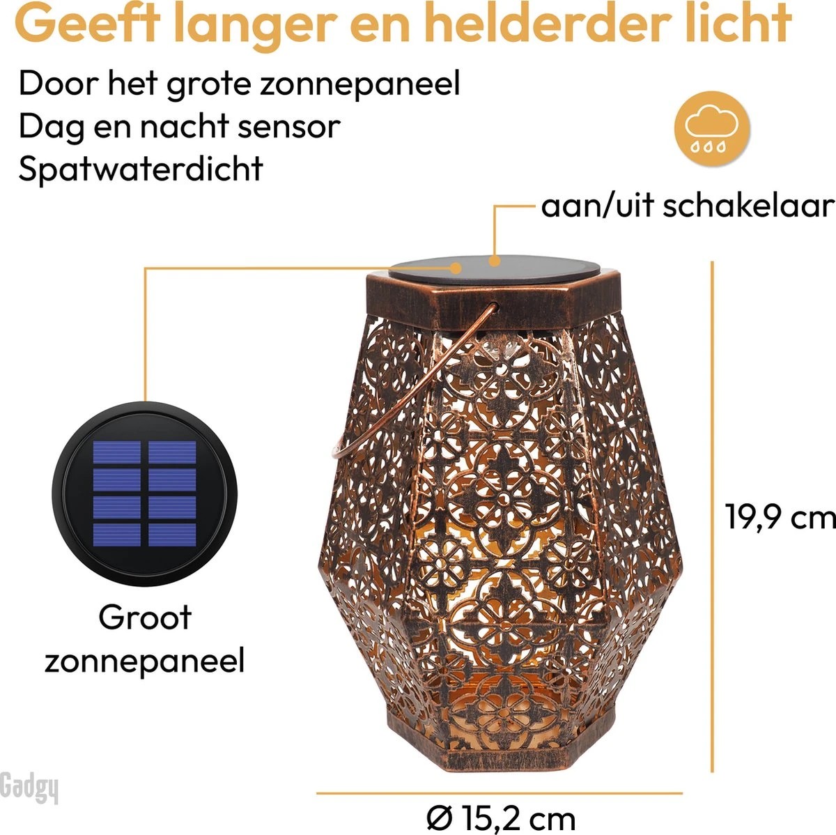 Gadgy Solar Lantaarn Hexagon - Tafellamp Set Van 2 - Tuinlantaarn In Koper Kleur - Solar Tuinverlichting Op Zonneenergie - Led Buitenverlichting Met Dag/nacht Sensor - Hanglamp - 20 X Ø 15 Cm - Metaal - Afbeelding 7