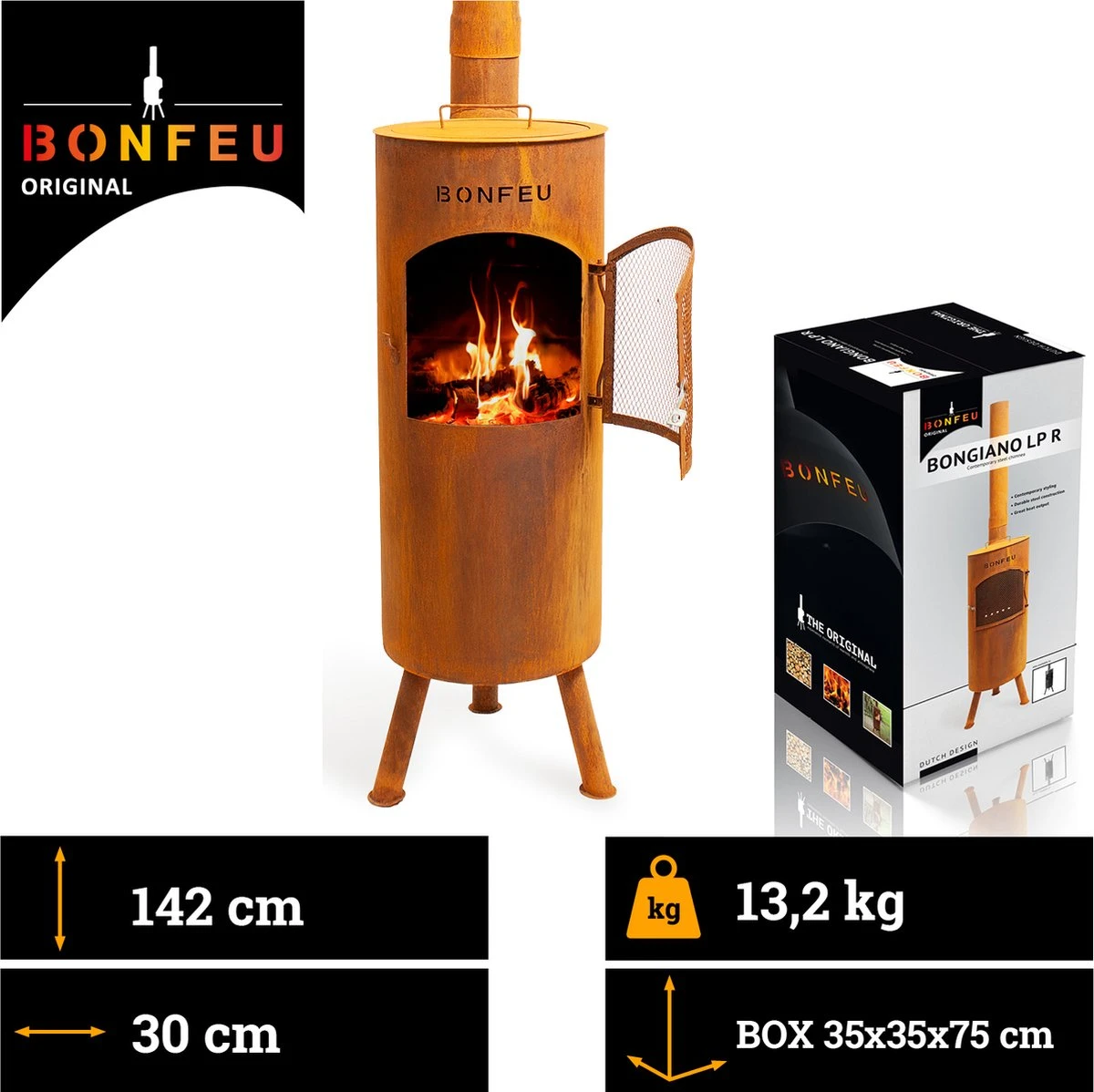 BonFeu Bongiano LP Roest Tuinhaard - L 30 X B 30 X H 153 Cm - Cortenstaal - Bruin - Tuinhaard - Terrasverwarming - Terrasverwarmers - Tuinkachel - Terraskachel - Houtkachel - Kachels - Afbeelding 7