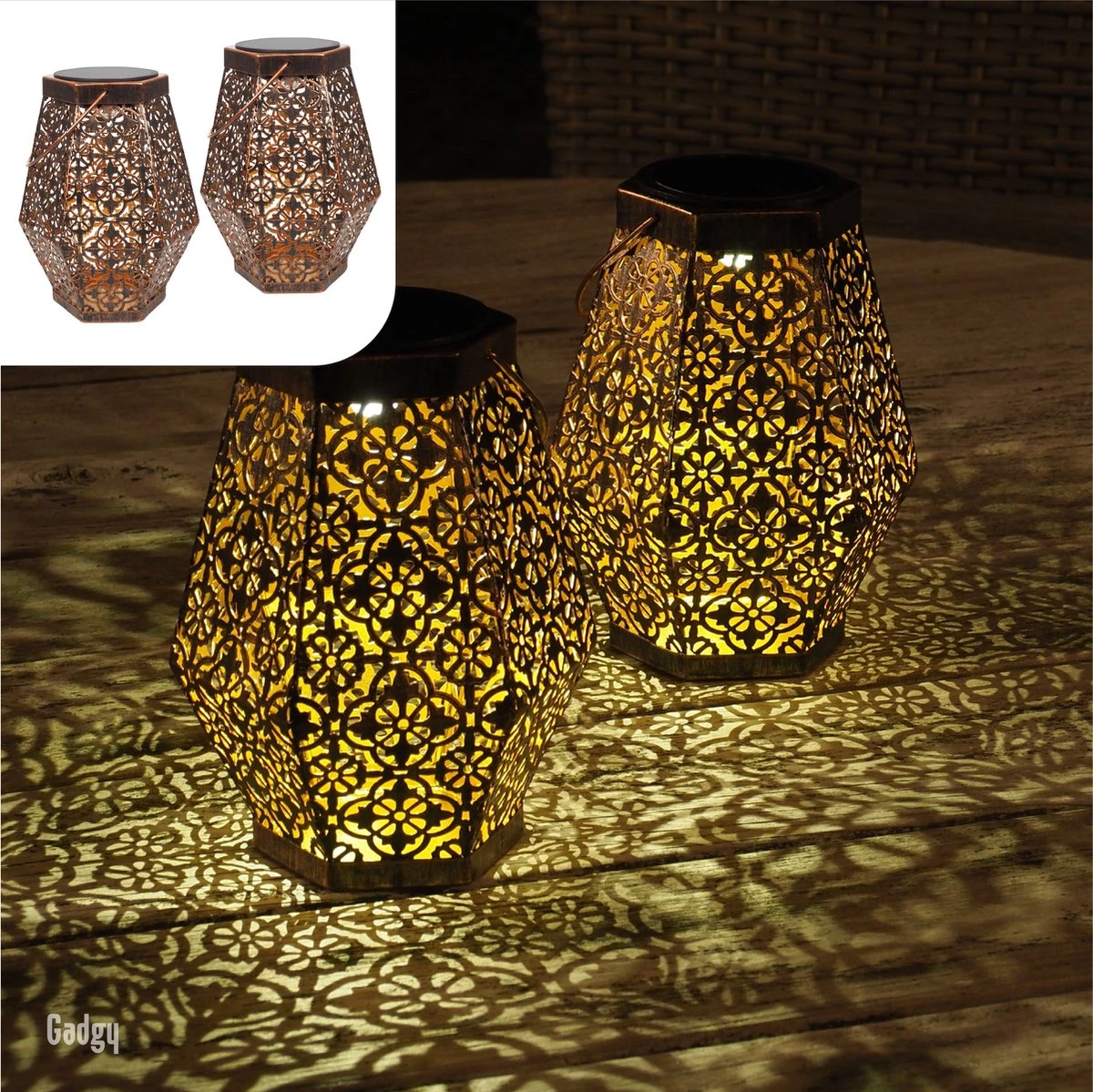 Gadgy Solar Lantaarn Hexagon - Tafellamp Set Van 2 - Tuinlantaarn In Koper Kleur - Solar Tuinverlichting Op Zonneenergie - Led Buitenverlichting Met Dag/nacht Sensor - Hanglamp - 20 X Ø 15 Cm - Metaal