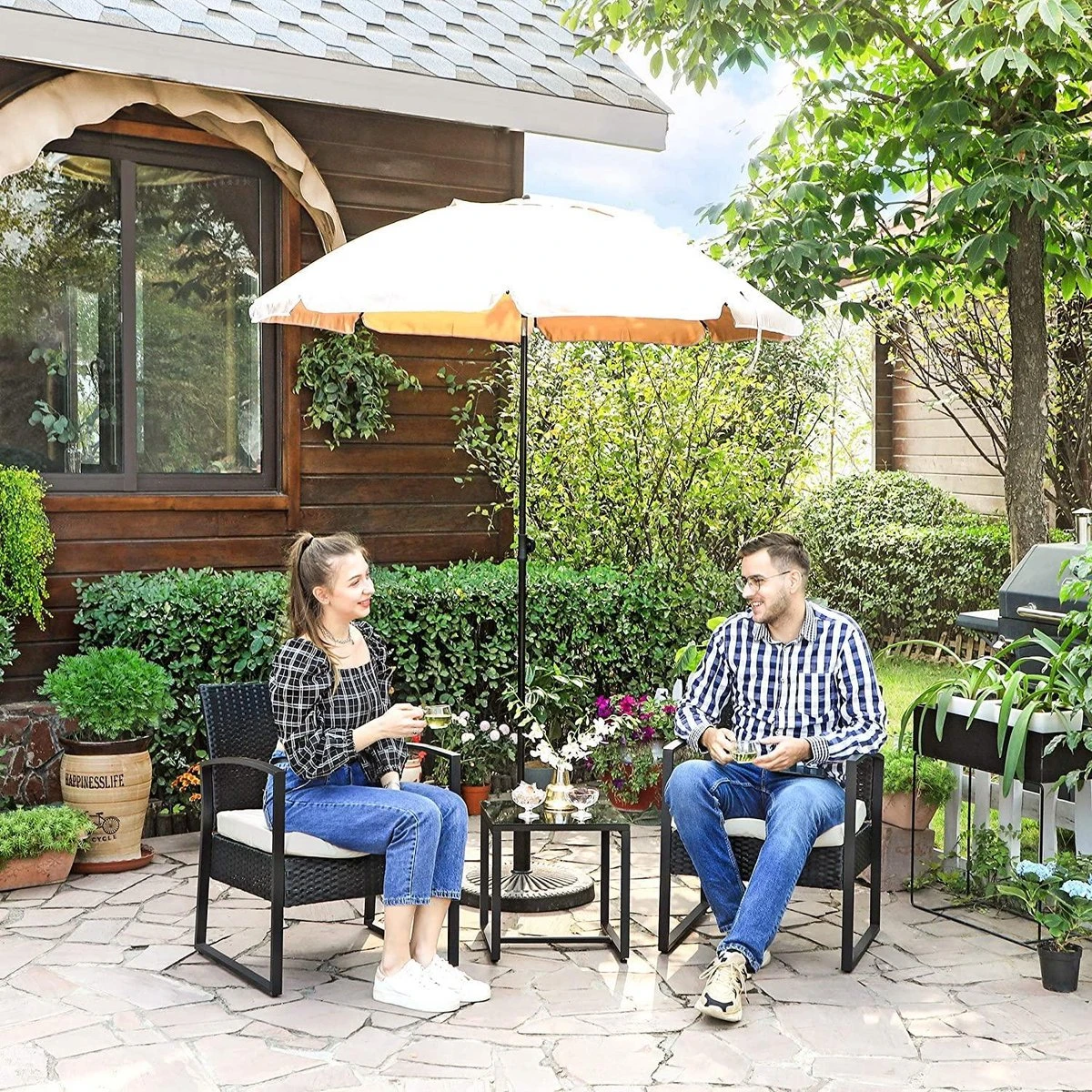 Songmics Tuinmeubelset, 3-delige Set, Van Polyrotan, Voor Outdoor, Terras, Balkon, Tuin, Eenvoudige Montage, Bijzettafel En 2 Stoelen, Zwart-beige - Afbeelding 3