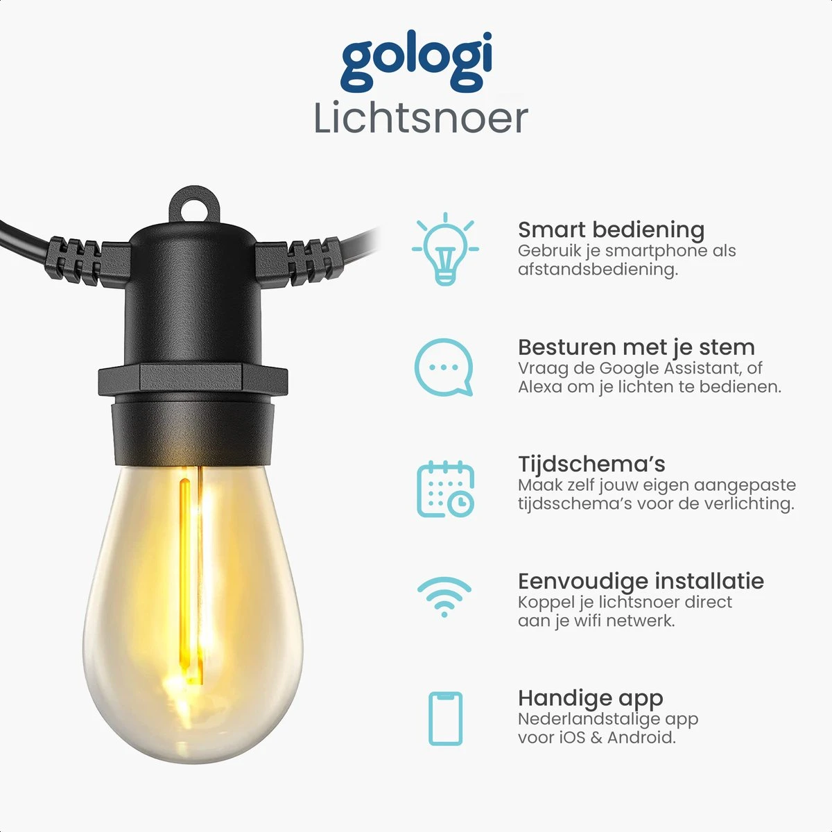 Gologi Lichtsnoer Buiten En Binnen - Lichtslinger 15M - Tuinverlichting LED - Warme Sfeerverlichting 2700K - Smart Verlichting - Koppelbaar Tot 30M - Afbeelding 4
