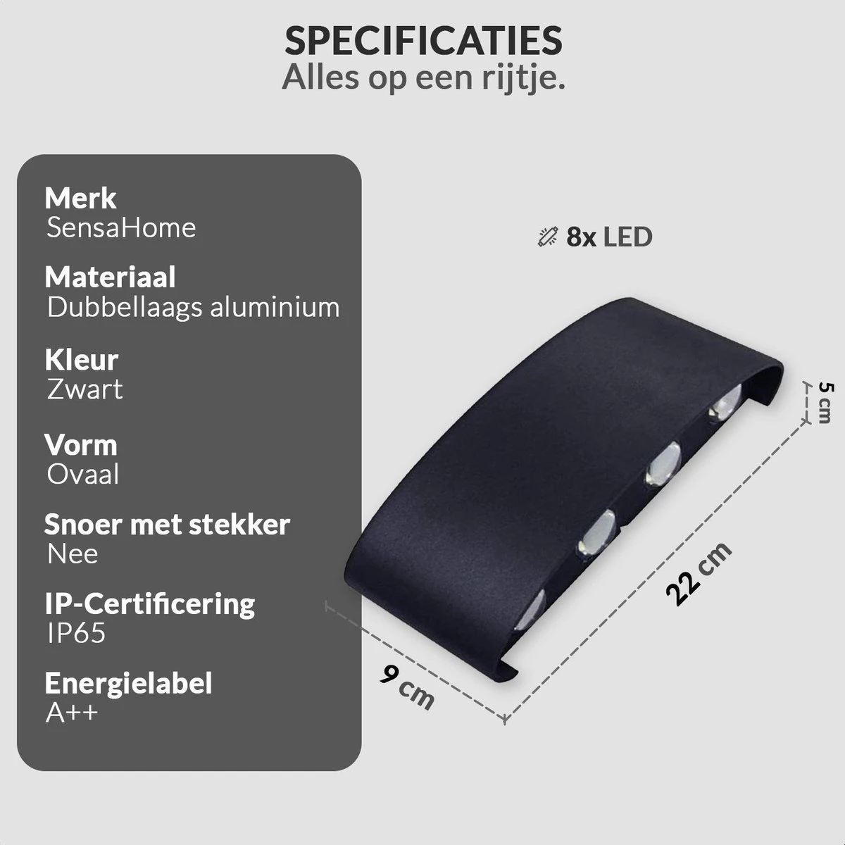 SensaHome Oval - LED Wandlamp Voor Binnen En Buiten - Buitenlamp, Wandspot & Sfeerverlichting - Tuin Lamp/Verlichting - Warm Wit Licht (2800K-3200K) - Zwart - Afbeelding 5