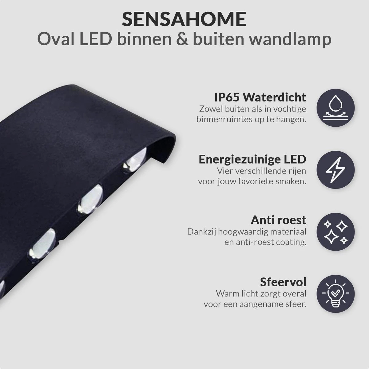 SensaHome Oval - LED Wandlamp Voor Binnen En Buiten - Buitenlamp, Wandspot & Sfeerverlichting - Tuin Lamp/Verlichting - Warm Wit Licht (2800K-3200K) - Zwart - Afbeelding 7