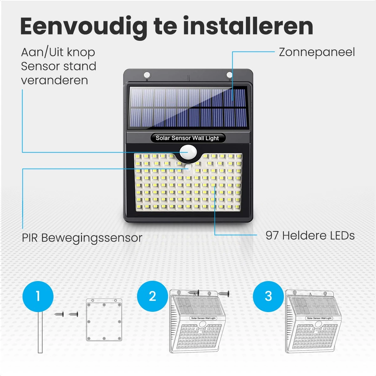 Auronic Buitenlamp - Zonne-energie - 2 Stuks - Bewegingssensor - 97 LED's - Wandlamp - IP65 - Zwart - Afbeelding 8
