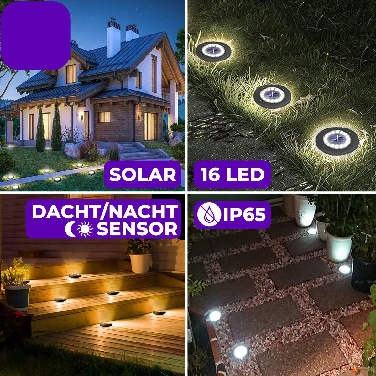 Shutterlight® 16 LED Solar Grondspot - Tuinverlichting - Zonlichtsensor - Zonne-energie - Matte Zwart - Warm Wit Licht - 4 Stuks - Buiten - Afbeelding 4