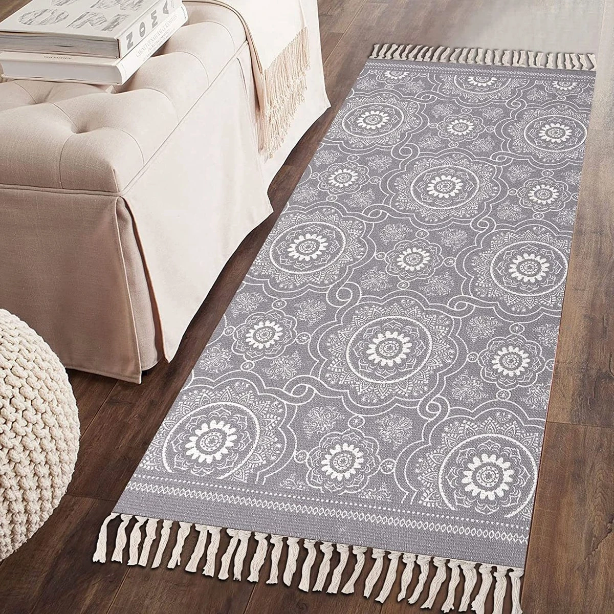 SHACOS Katoenen Tapijt, Loper Voor Keuken, Hal, Handgeweven Boho Karpet, Wasbare Bedrukte Karpetten Voor Binnen Met Kwastjes, Vintage Loper Voor Woonkamer, Slaapkamer, Wasruimte (grijs, 60x90 Cm) - Afbeelding 2