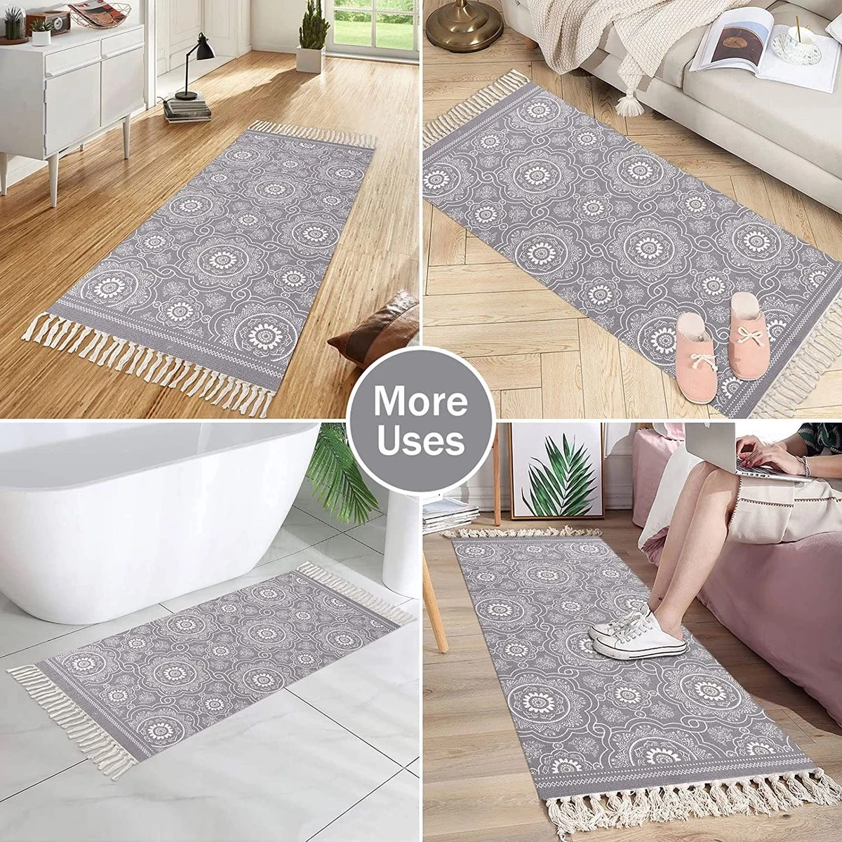 SHACOS Katoenen Tapijt, Loper Voor Keuken, Hal, Handgeweven Boho Karpet, Wasbare Bedrukte Karpetten Voor Binnen Met Kwastjes, Vintage Loper Voor Woonkamer, Slaapkamer, Wasruimte (grijs, 60x90 Cm) - Afbeelding 3