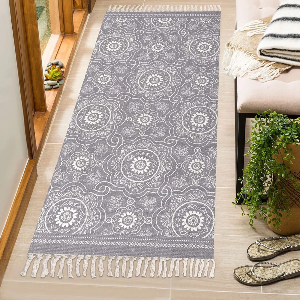 SHACOS Katoenen Tapijt, Loper Voor Keuken, Hal, Handgeweven Boho Karpet, Wasbare Bedrukte Karpetten Voor Binnen Met Kwastjes, Vintage Loper Voor Woonkamer, Slaapkamer, Wasruimte (grijs, 60x90 Cm) - Afbeelding 6