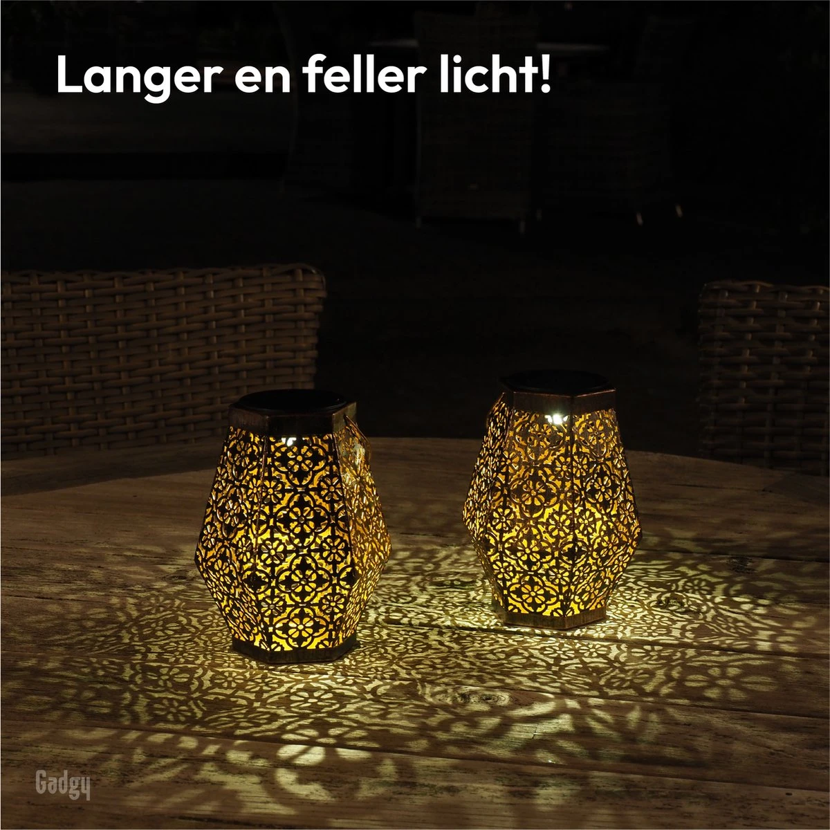 Gadgy Solar Lantaarn Hexagon - Tafellamp Set Van 2 - Tuinlantaarn In Koper Kleur - Solar Tuinverlichting Op Zonneenergie - Led Buitenverlichting Met Dag/nacht Sensor - Hanglamp - 20 X Ø 15 Cm - Metaal - Afbeelding 4