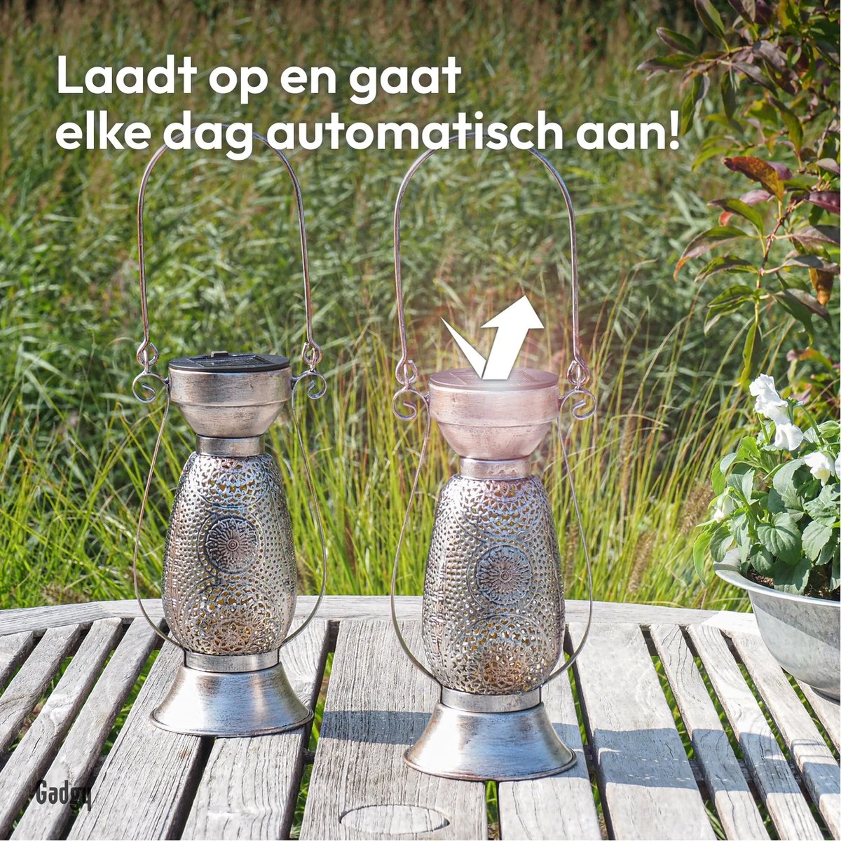 Gadgy Solar Tafellamp Petroleum - Olielamp Tuinlantaarn Set Van 2 - Solar Tuinverlichting Op Zonneenergie - Led Buitenverlichting Met Dag/nacht Sensor - Hanglamp - 21 X Ø11.5 Cm - Metaal - Afbeelding 2