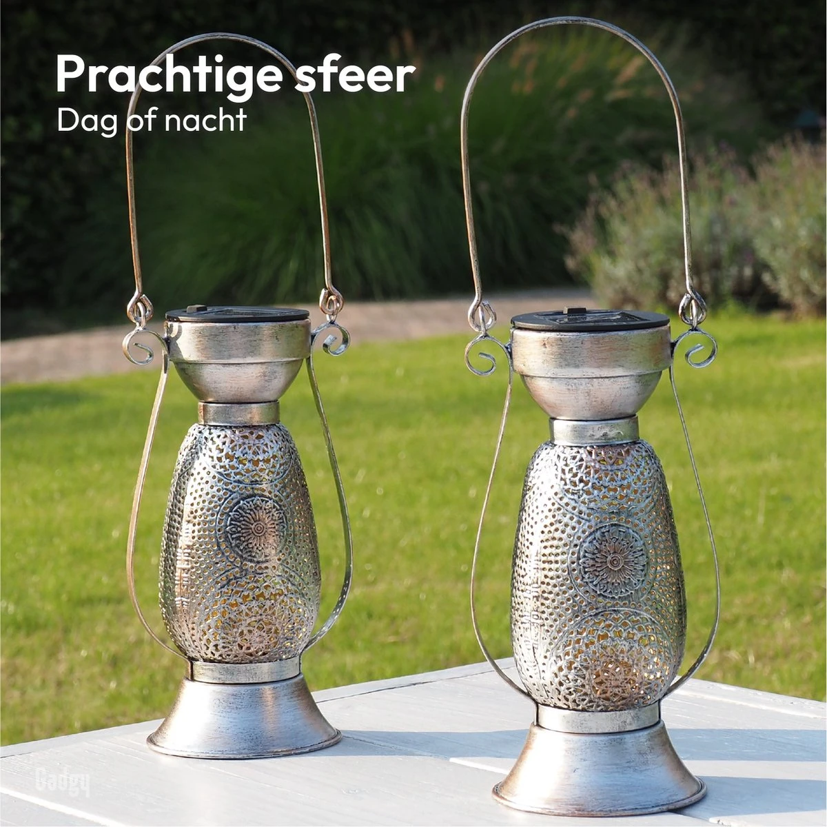 Gadgy Solar Tafellamp Petroleum - Olielamp Tuinlantaarn Set Van 2 - Solar Tuinverlichting Op Zonneenergie - Led Buitenverlichting Met Dag/nacht Sensor - Hanglamp - 21 X Ø11.5 Cm - Metaal - Afbeelding 5