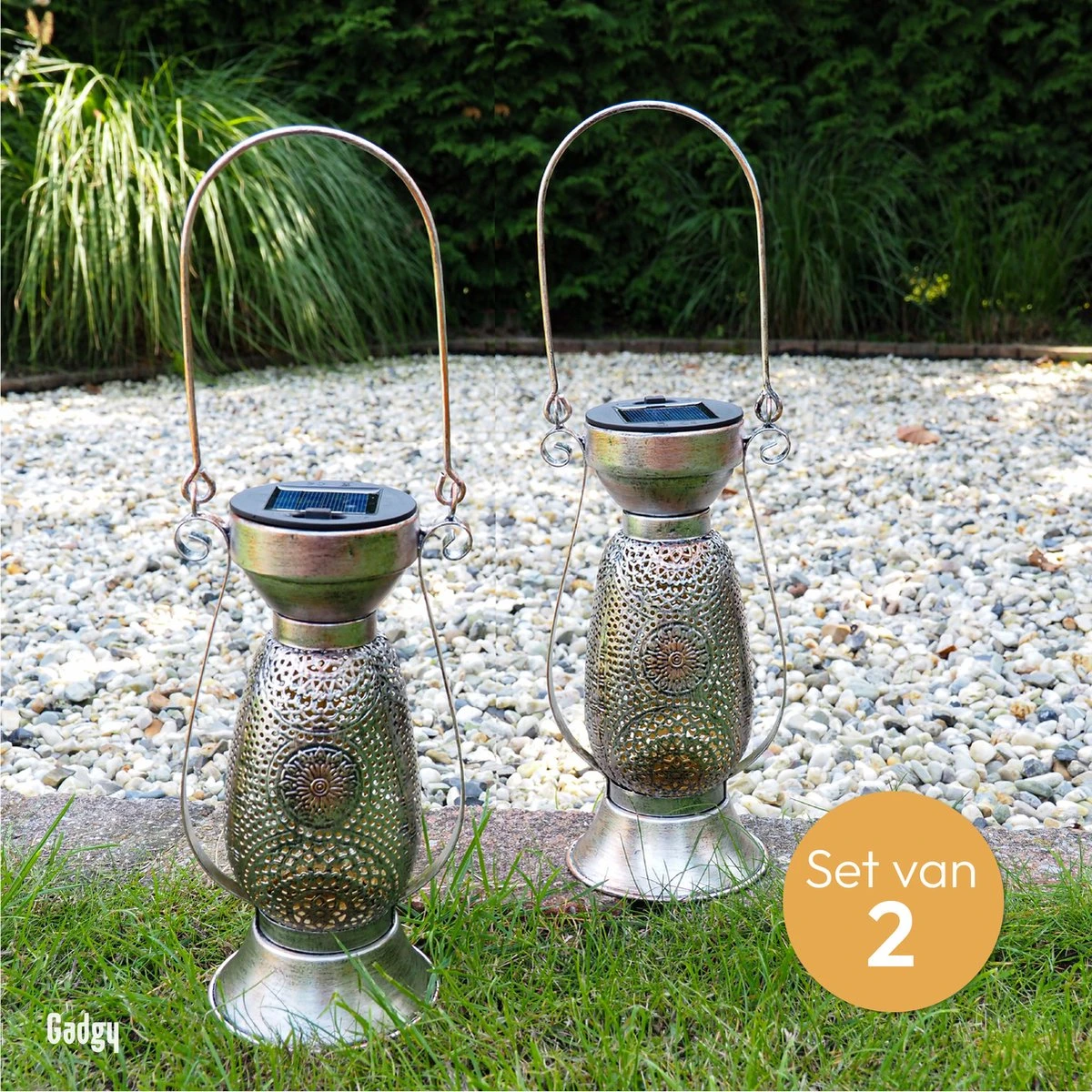 Gadgy Solar Tafellamp Petroleum - Olielamp Tuinlantaarn Set Van 2 - Solar Tuinverlichting Op Zonneenergie - Led Buitenverlichting Met Dag/nacht Sensor - Hanglamp - 21 X Ø11.5 Cm - Metaal - Afbeelding 6