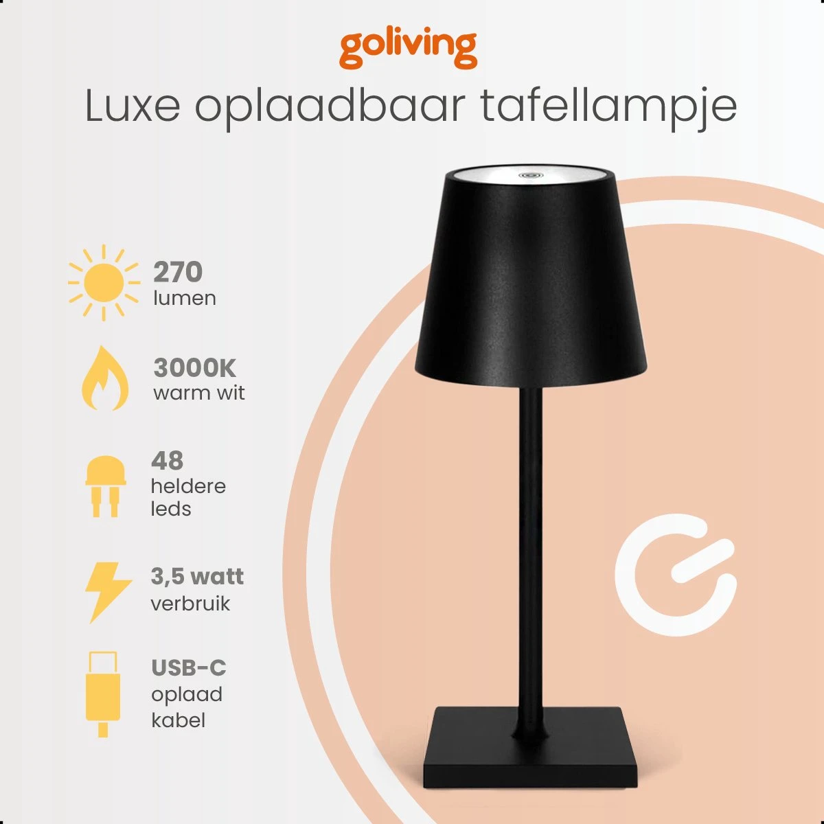 Goliving Tafellamp Op Batterijen - Oplaadbaar En Dimbaar - Moderne Touch Lamp Zwart - Nachtlamp Draadloos - 26 CM - Afbeelding 6