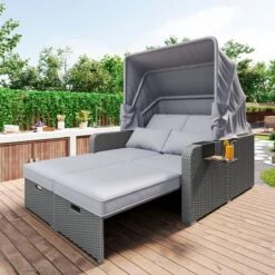 Polyrattan Patio Rieten Meubels Set Voor 2 Personen-Outdoor Rattan Sofa Set Met Intrekbare Luifel-lounge Bank-PE Rotan Loveseat Voor Achtertuin Veranda Tuin Zwembad Balkon-grijs