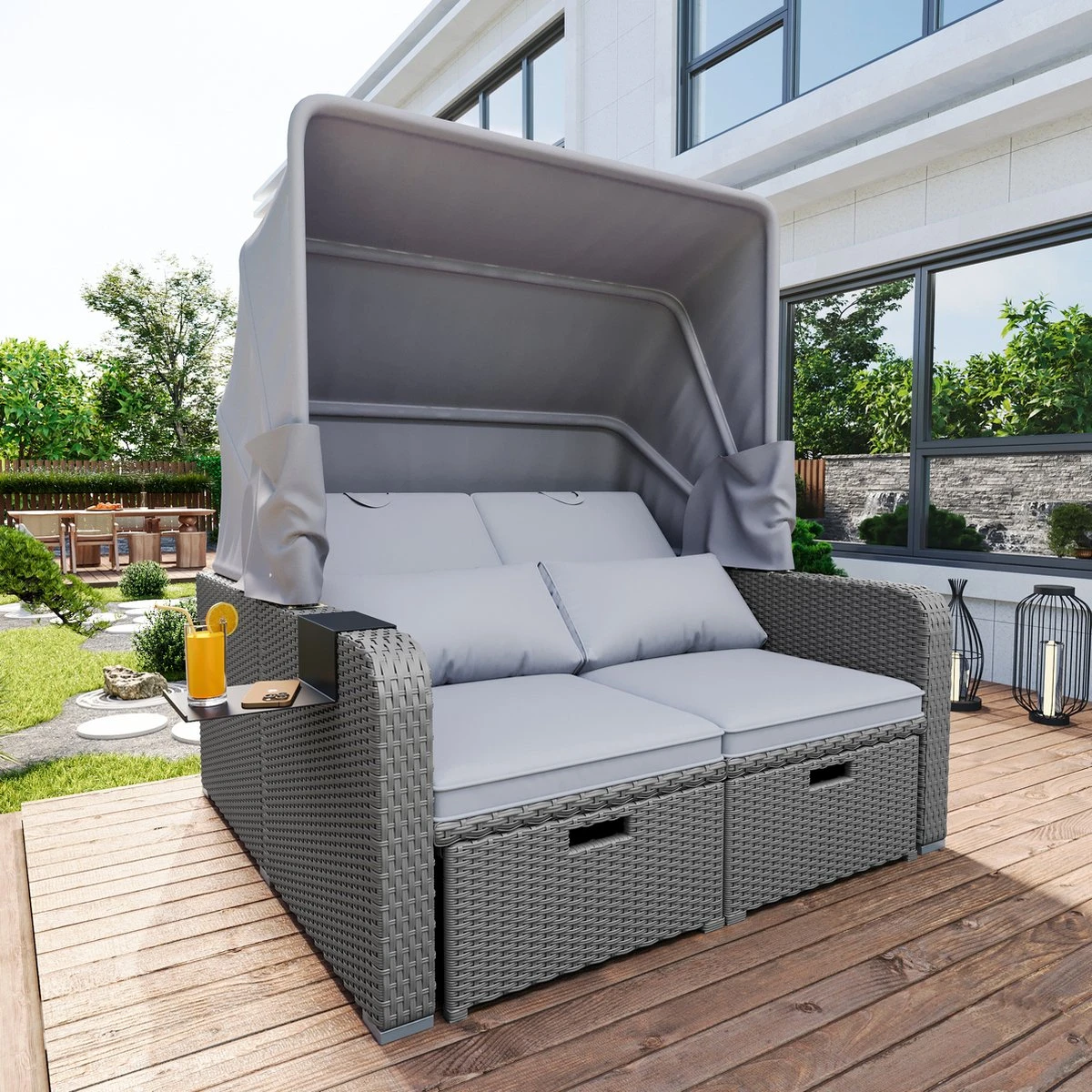 Polyrattan Patio Rieten Meubels Set Voor 2 Personen-Outdoor Rattan Sofa Set Met Intrekbare Luifel-lounge Bank-PE Rotan Loveseat Voor Achtertuin Veranda Tuin Zwembad Balkon-grijs - Afbeelding 6