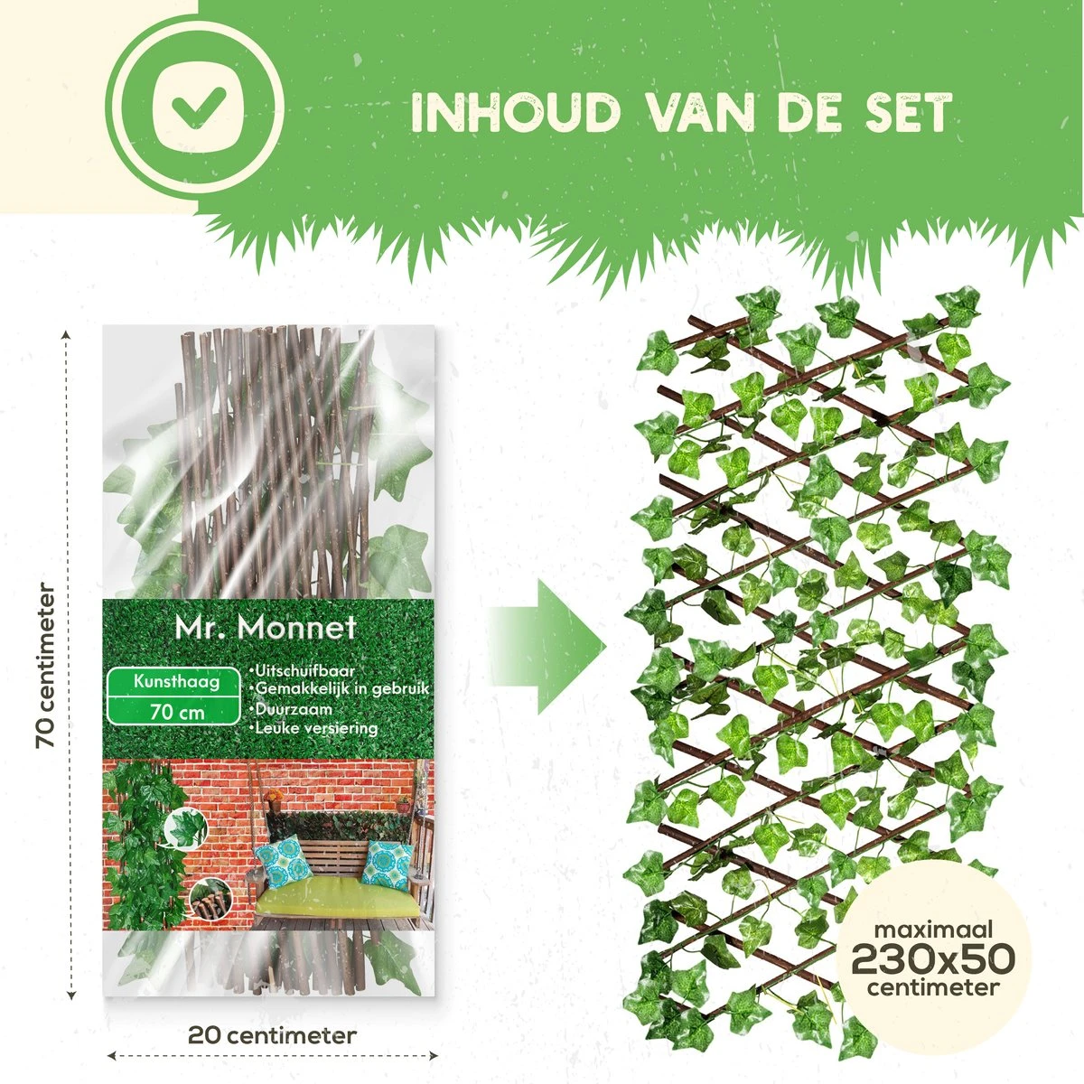 Hedera Kunsthaag - Uitschuifbaar Tot 2.30m - Voor Binnen En Buiten - Tuinscherm - Kerstcadeau - Kamer Decoratie Voor Huis En Tuin - Afbeelding 5