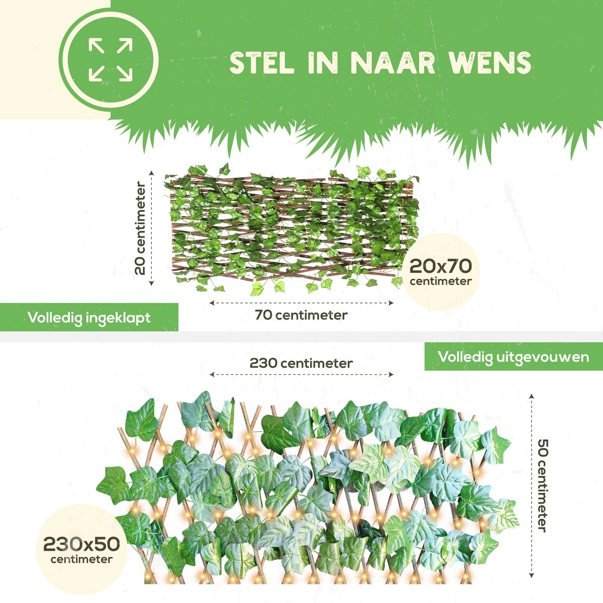 Hedera Kunsthaag Met LED Verlichting- Uitschuifbaar Tot 2.30m - Voor Binnen En Buiten - Tuinscherm - Kamer Decoratie Voor Huis En Tuin - Afbeelding 3