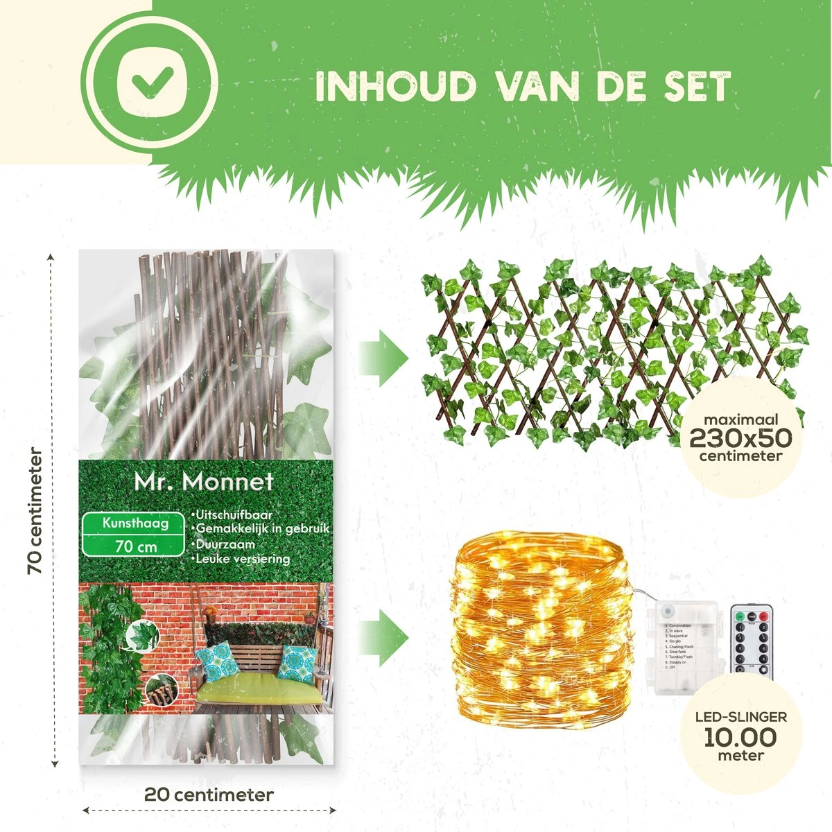 Hedera Kunsthaag Met LED Verlichting- Uitschuifbaar Tot 2.30m - Voor Binnen En Buiten - Tuinscherm - Kamer Decoratie Voor Huis En Tuin - Afbeelding 4