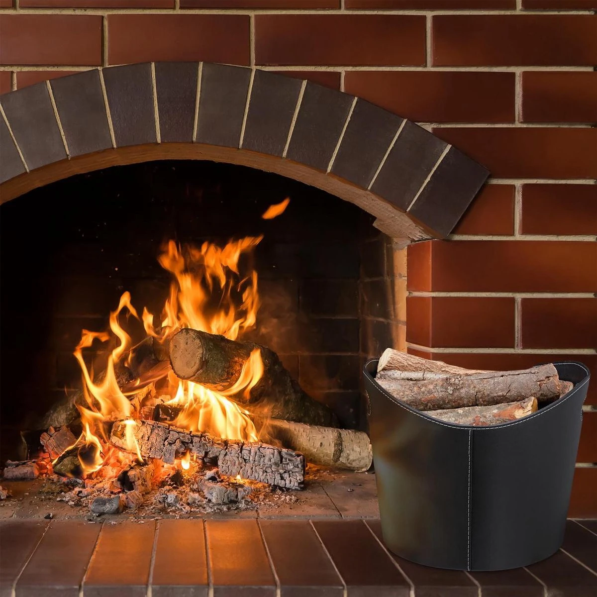 Relaxdays Houtmand Kunstleer - Haardhout Mand Zwart - Opbergmand - Haardmand - L - Afbeelding 4