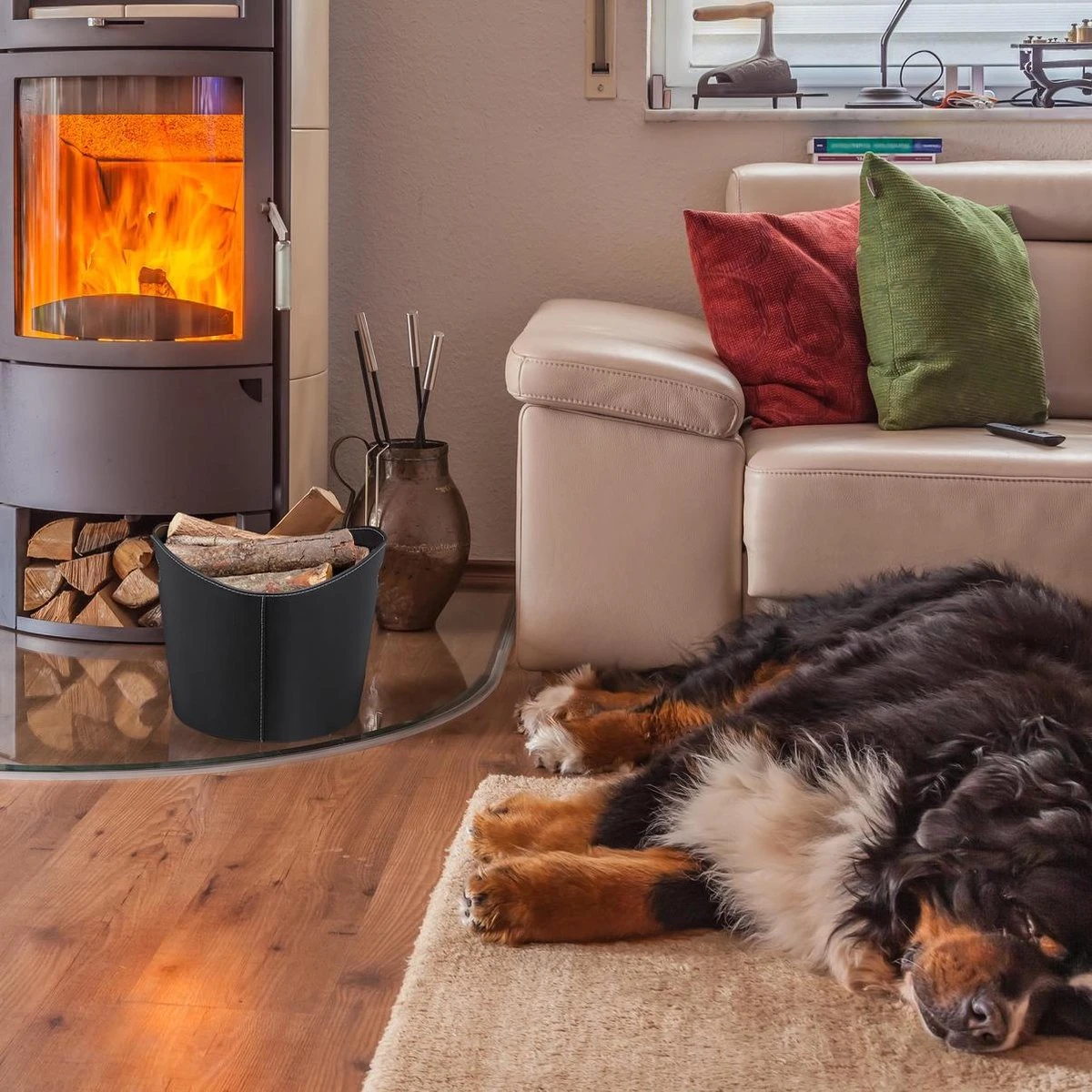 Relaxdays Houtmand Kunstleer - Haardhout Mand Zwart - Opbergmand - Haardmand - L - Afbeelding 6