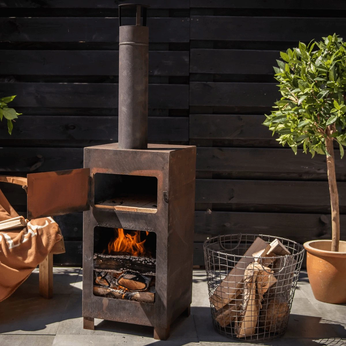 ESSCHERT DESIGN Pizza Oven + Terraskachel Roestkleurig - Staal - Bruin - 38,4 X 42 X 136 Cm - Afbeelding 7