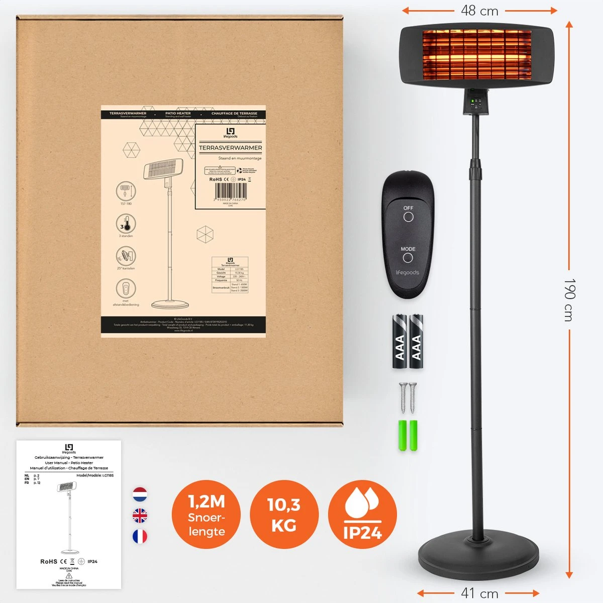 LifeGoods Terrasverwarmer - Elektrisch - 2000W - Hangend En Staand - Incl. Afstandbediening - 3 Standen - Zwart - Afbeelding 10