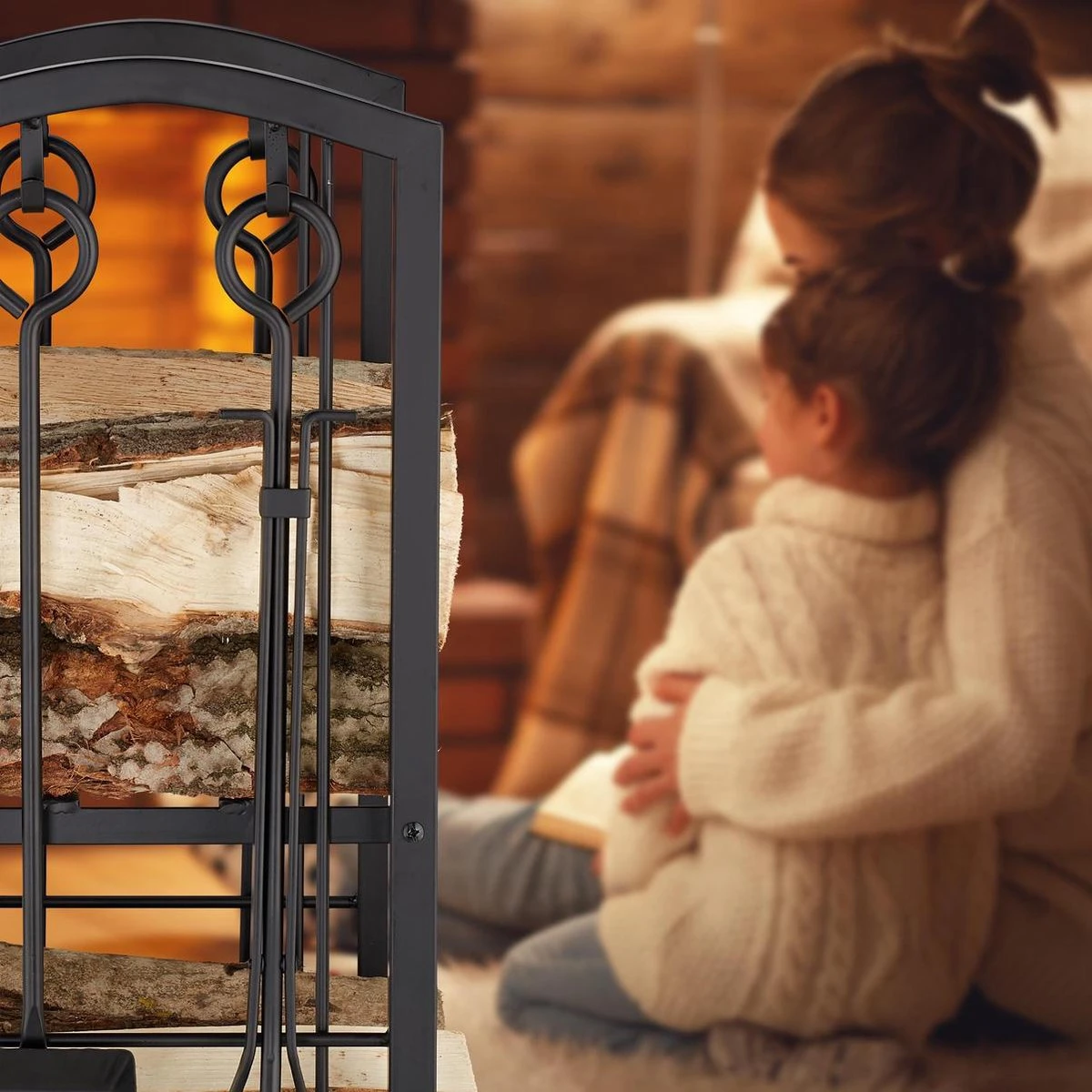 Relaxdays Brandhoutrek Met Haardstel - Vierdelig - Houtopslag - Zwart - Haardhout Opslag - Afbeelding 5