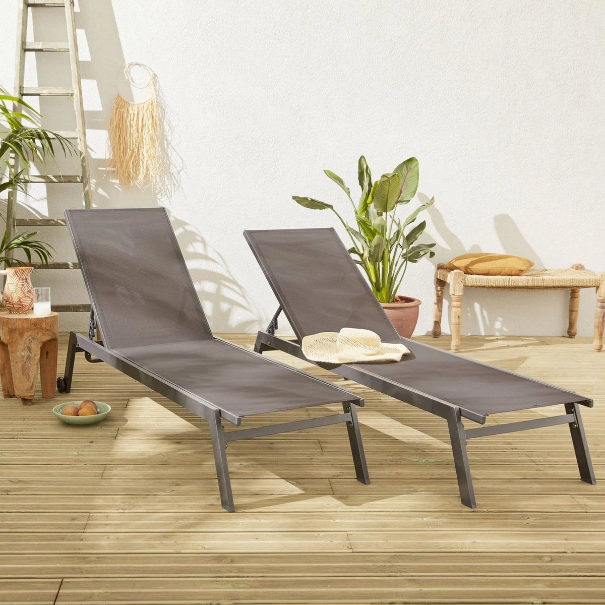 ELSA - Set Van 2 Ligstoelen Van Aluminium En Textileen, Ligbed Multipositioneel Met Wieltjes, Kleur Antraciet/donkergrijs - Afbeelding 2