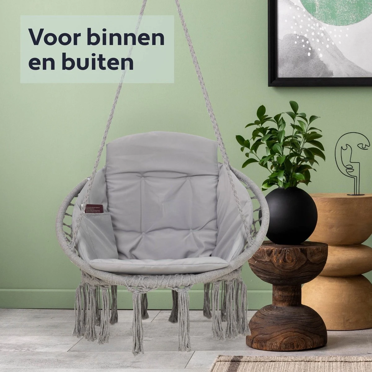 Vita5 Macramé Hangstoel - Voor Binnen En Buiten - Zonder Standaard - Incl. Kussen, Boekenvak En Beschermhoes - Tot 150kg - Grijs - Afbeelding 10