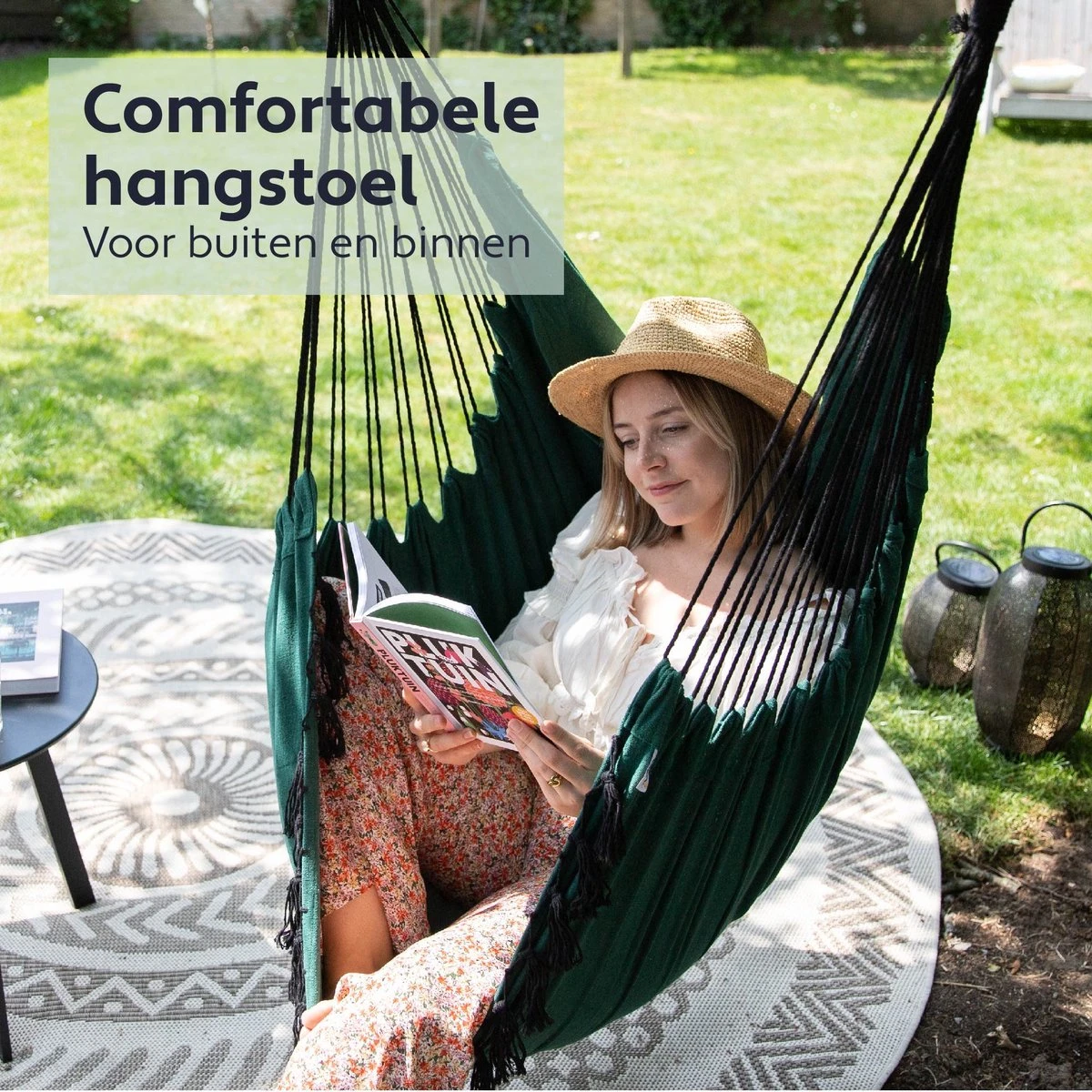 Vita5 XXL Hangstoel | Binnen&Buiten Hangnest | Incl. 2 Kussens En Boekenvak | Volwassenen&Kinderen | Hangmatstoel Tot 225kg | Donkergroen - Afbeelding 2
