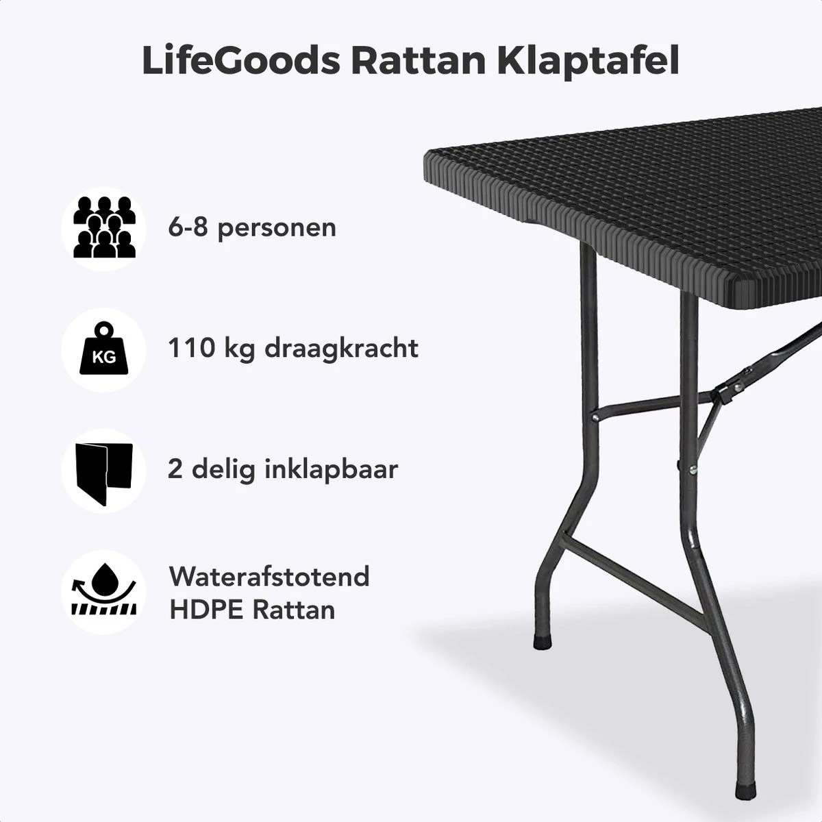 LifeGoods Klaptafel - Inklapbaar - 180 Cm - 6 Tot 8 Personen - Zwart - Afbeelding 2